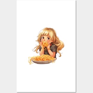 Cute Girl Eating Spaghetti Posters and Art